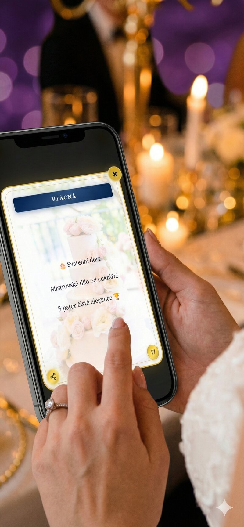 Nevěsta prohlížející si Vzácnou kartu dortu v aplikaci