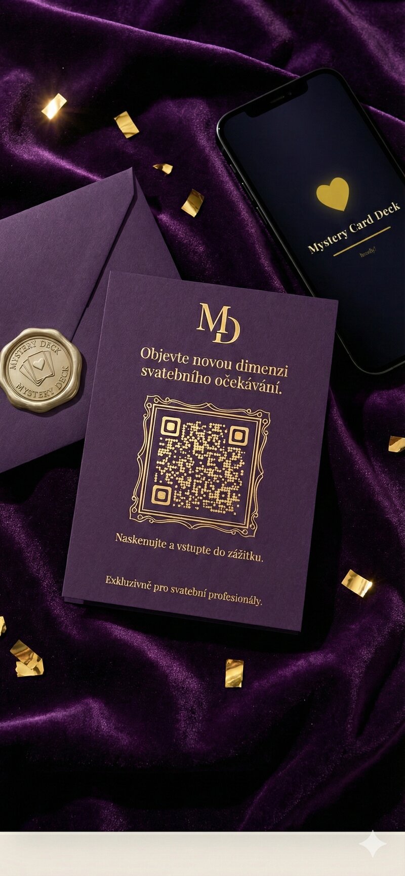 Luxusní obálka s pečetí a zlatá karta Mystery Deck