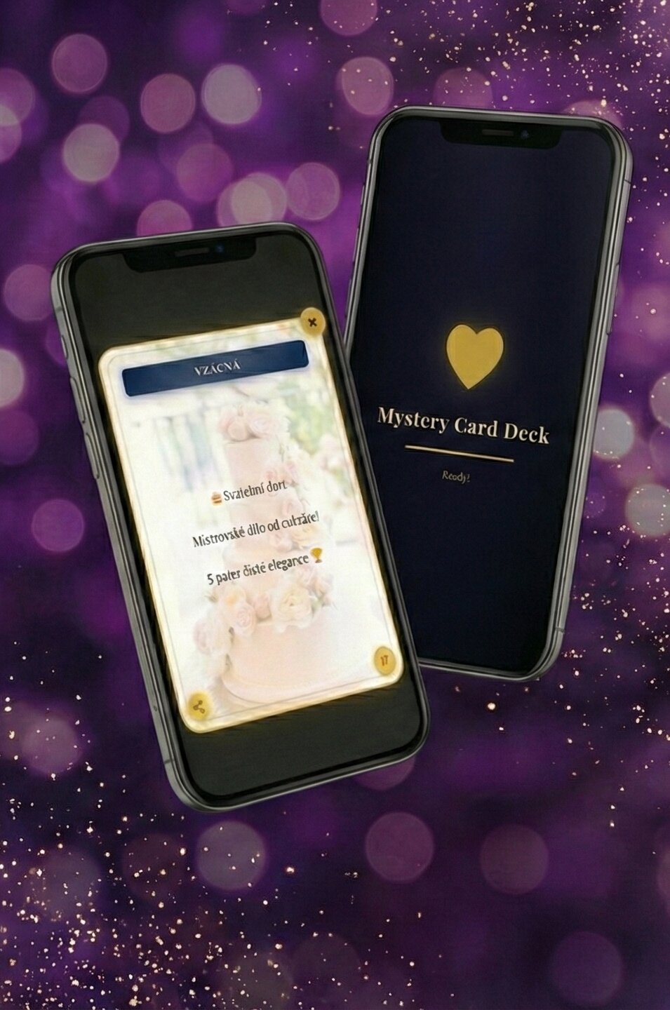 Ukázka aplikace Mystery Deck na dvou telefonech - dort a úvodní obrazovka